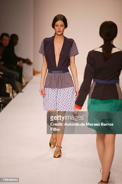 Model walks the runway wearing Central Saint Martins 2008 during London Fashion Week on February 15, 2008 in London.