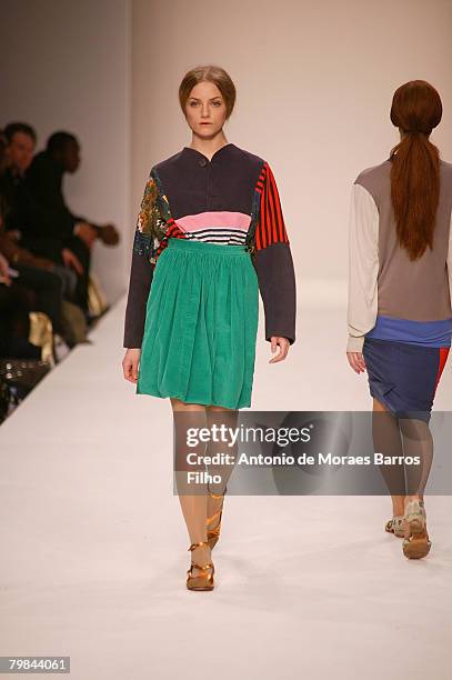 Model walks the runway wearing Central Saint Martins 2008 during London Fashion Week on February 15, 2008 in London.