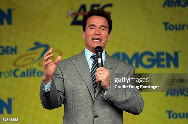 Governor Arnold Schwarzenegger welcomes the crowd at the podium following Stage 2 of the Amgen Tour of California on February 19, 2007 from Santa...