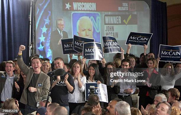 Supporters of Republican presidential hopeful Sen. John McCain watch the early returns before a campaign rally at the Hayes Grand Ballroom February...