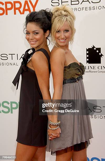 Actress Vanessa Anne Hudgens and actress Ashley Tisdale arrive at the "Hairspray" premiere at the Mann Village Theatre on July 10, 2007 in Westwood,...