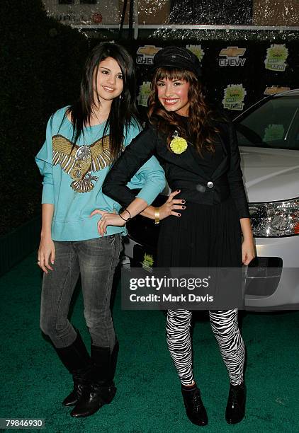 Actresses Selena Gomez and Demi Lovato arrive at Chevy Rocks The Future at the Buena Vista Lot at The Walt Disney Studios February 19, 2008 in...