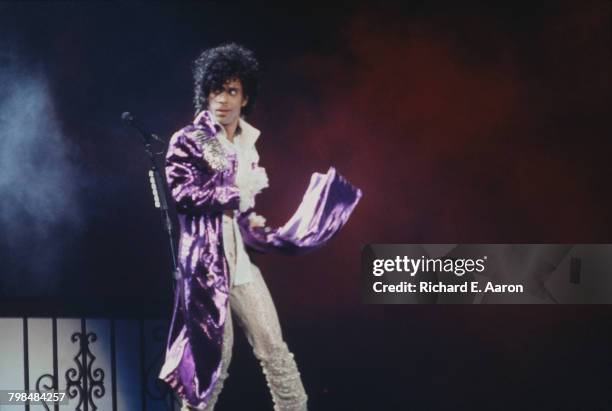 American musician Prince performing on the Purple Rain Tour, USA, 1984.