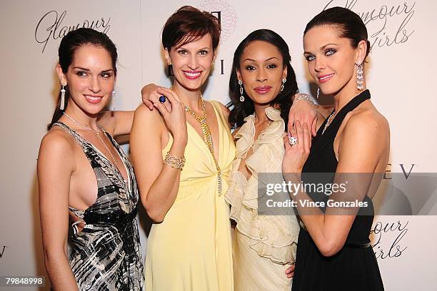 Models wearing Leviev jewelry attend the LEVIEV celebration of Patrick McMullan's latest book, Glamour Girls at The Terrace on February 19, 2008 in...