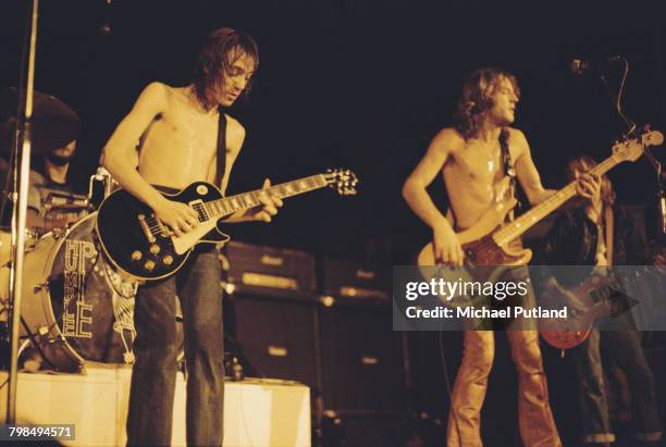 English rock band Humble Pie perform live on stage circa November 1972. The band are, from left to right: drummer Jerry Shirley, guitarist and singer...