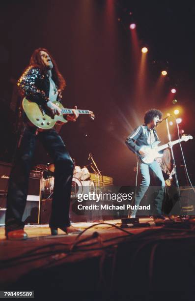 Irish rock group Thin Lizzy perform live on stage at Madison Square Garden in New York during their US Tour on 5th February 1977. The band are, from...