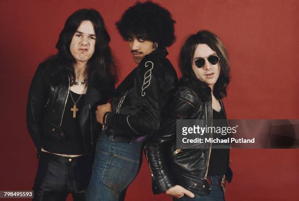 Irish rock group Thin Lizzy posed together for a studio group shot in London in 1974. The band are, from left to right, guitarist Gary Moore, bass...