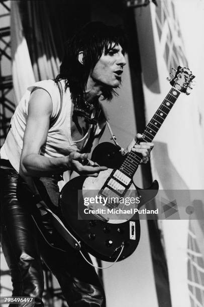 English guitarist Ronnie Wood performs live on stage with Rolling Stones in concert at the John F Kennedy Stadium in Philadelphia on the first date...