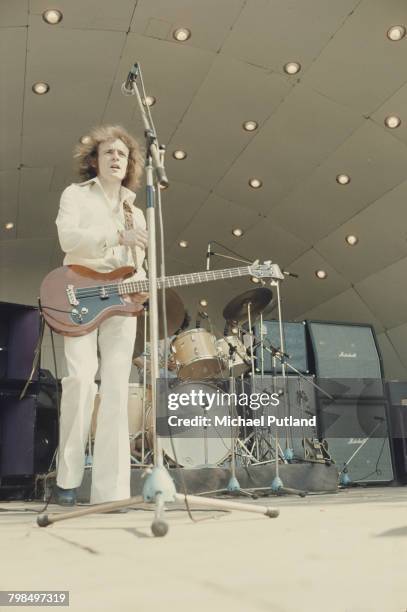 Scottish musician, bass guitarist and songwriter Jack Bruce , formerly of rock band Cream, performing with the Jack Bruce Band at Crystal Palace...