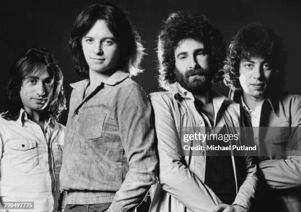 English rock band 10cc posed together in 1974. Left to right: Lol Creme, Eric Stewart, Kevin Godley and Graham Gouldman.