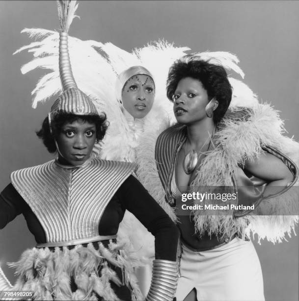 Studio portrait of American vocal group Labelle on 27th February 1975. Left to right: Patti LaBelle, Nona Hendryx and Sarah Dash.