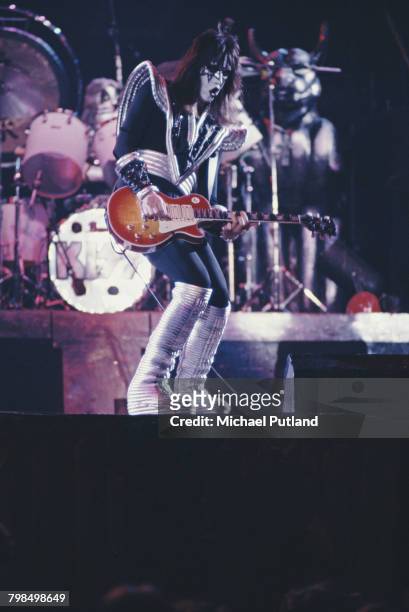 Guitarist Ace Frehley performing with American heavy metal group Kiss at Madison Square Garden, during the band's Rock & Roll Over tour, 18th...