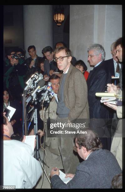 Director Woody Allen speaks at a press conference in front of the Manhattan Supreme Court January 12, 1993 in New York City. Allen's ex-girlfriend...