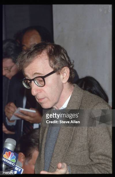 Director Woody Allen speaks at a press conference in front of the Manhattan Supreme Court January 12, 1993 in New York City. Allen's ex-girlfriend...