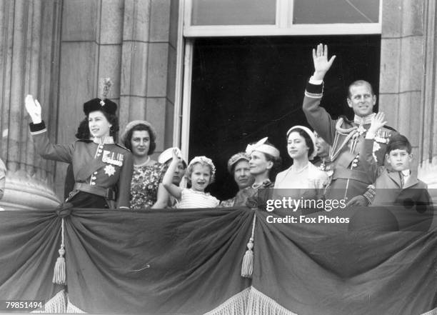 The royal family gathers on the balcony of Buckingham Palace to watch the Trooping the Colour ceremony on the Queen's official birthday, 13th June...