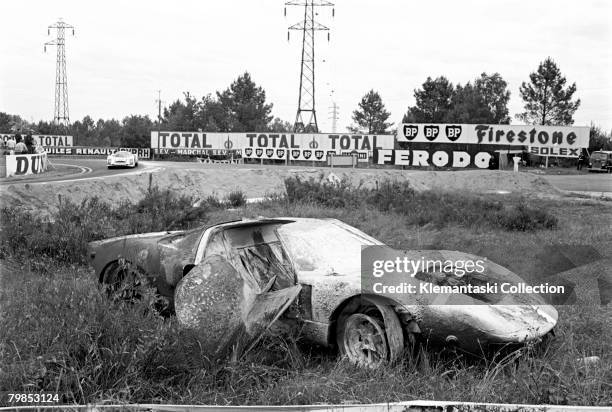 The burned out Ford GT40 of Mike Salmon and Brian Redman during The 24 Hours of Le Mans race, Le Mans, June 10-11, 1967. For Salmon it was a really...