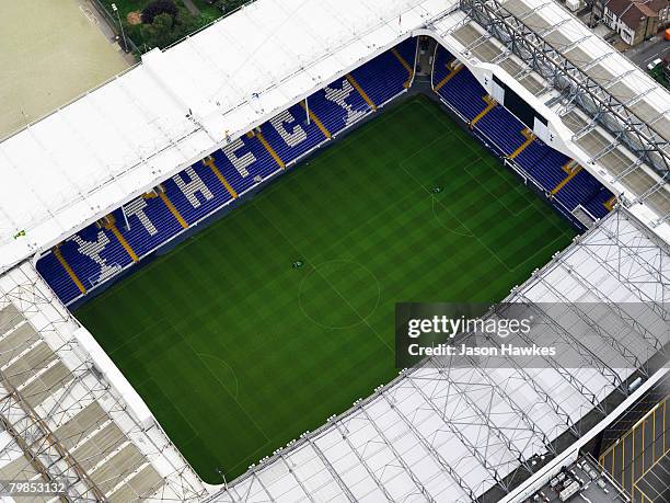 Aerial view of Tottenham Hotspur Football Club's White Heart Lane football stadium on September 5, 2006 in London.