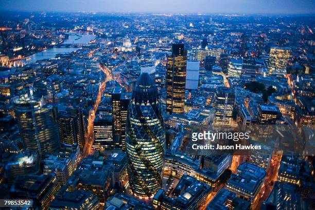 Aerial night view of the City of London on August 6, 2007 in London.