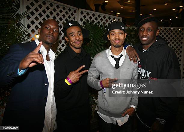 Tyrese, guest, Terrence and Shaka Zulu of DTP attend the 2008 NBA All-Star in New Orleans - ESPN The Magazine's Chicken `N' Waffles event at Harrah's...