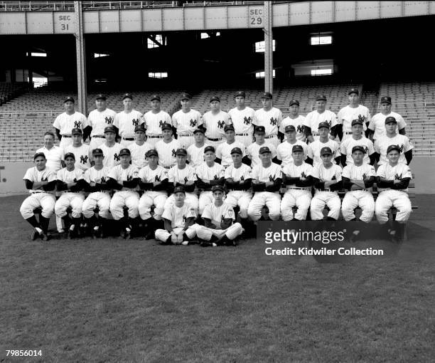 Members of the New York Yankees pose for a team portrait prior to a doubleheader on September 28, 1951 against the Boston Red Sox at Yankee Stadium...