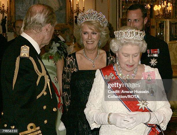 Prince Philip, Duke of Edinburgh, Camilla, Duchess of Cornwall and Queen Elizabeth ll pose before the banquet for the Norwegian Royal Family at...