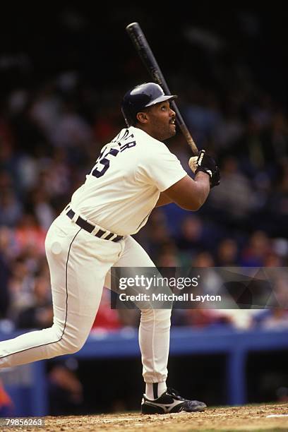 Detroit, MI Cecil Fielder of the Detroit Tigers bats during a baseball game against the Texas Rangers on August 1, 1993 at Tiger Stadium in Detroit,...