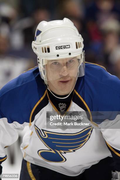 Paul Kariya of the St. Louis Blues skates against the Chicago Blackhawks on Tuesday, February 19, 2008 at Scottrade Center in St. Louis, Missouri.