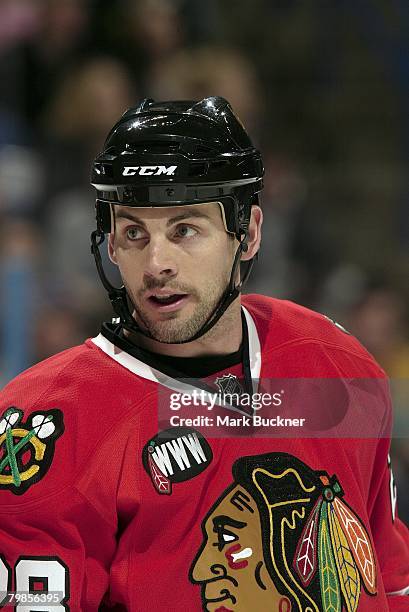 Craig Adams of the Chicago Blackhawks skates against the St. Louis Blues on Tuesday, February 19, 2008 at Scottrade Center in St. Louis, Missouri.