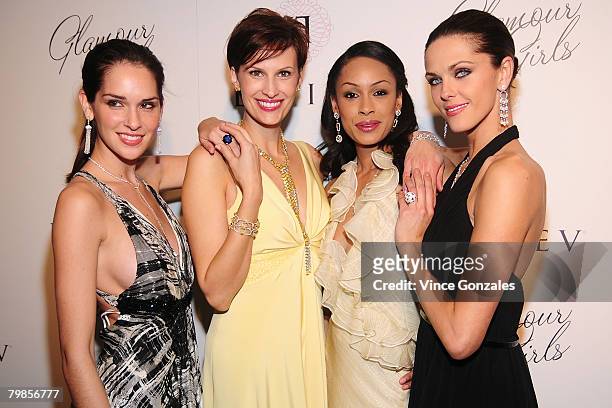 Models wearing Leviev jewelry attend the LEVIEV celebration of Patrick McMullan's latest book, Glamour Girls at The Terrace on February 19, 2008 in...