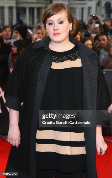 Singer, Adele arrives at the Brit Awards 2008 at Earls Court on February 20, 2008 in London, England.