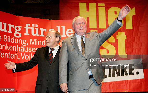 Oskar Lafontaine and Gregor Gysi , co- chairmen of the German far left-wing party Die Linke attend an election campaign at the Fabrik on February 20,...