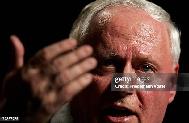 Oskar Lafontaine, co- chairman of the German far left-wing party Die Linke speaks during an election campaign at the Fabrik on February 20, 2008 in...