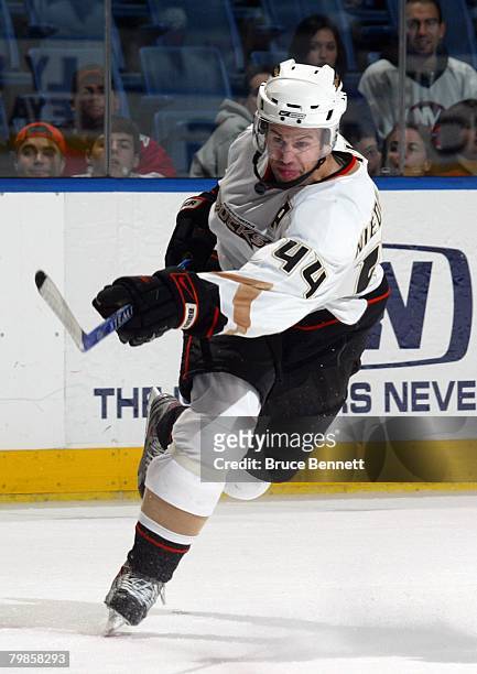 Rob Niedermayer of the Anaheim Ducks follows through on his shot against the New York Islanders during their NHL game on February 5, 2008 at the...