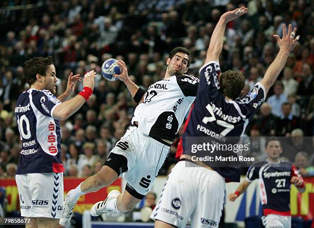 Nikola Karabatic of Kiel throws at goal during the Bundesliga Handball match between THW Kiel and SG Flensburg-Handewitt at the Ostseehalle on...