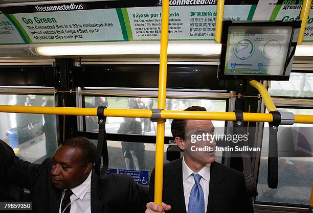 San Francisco mayor Gavin Newsom and SF MUNI director Nathaniel Ford inspect the Connected Bus, a new bus with high-tech features, February 20, 2008...