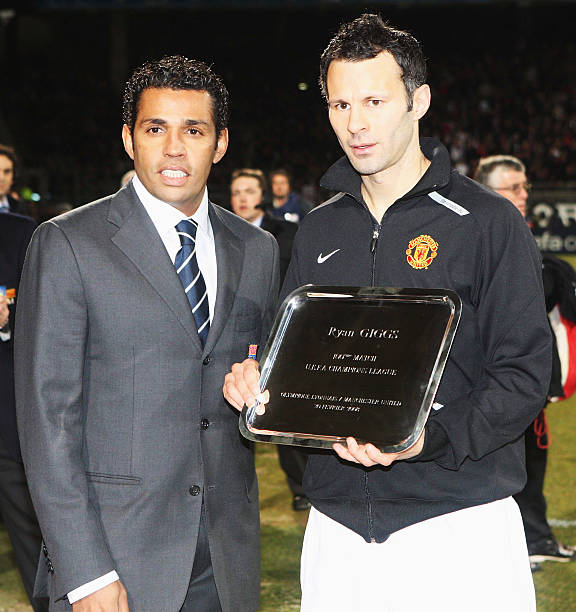 Ryan Giggs of Manchester United is presented with a silver salver to mark his 100th UEFA Champions League appearance ahead of the UEFA Champions...