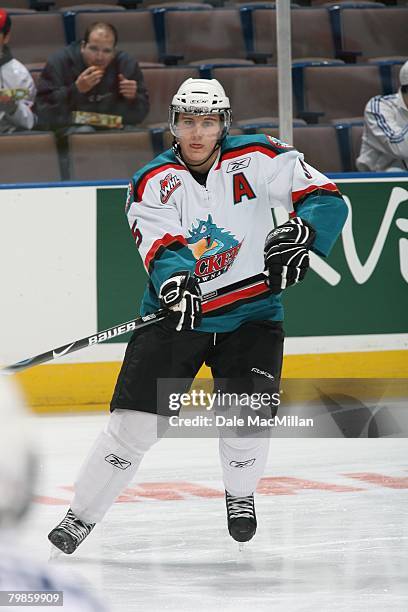 Luke Schenn of the Kelowna Rockets skates before the CHL Top Prospects Game Skill Competition on February 4, 2008 at Rexall Place in Edmonton,...