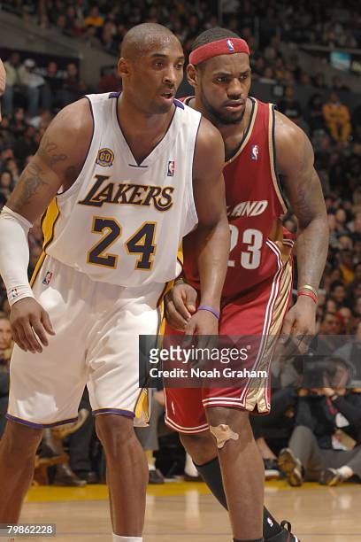 Kobe Bryant of the Los Angeles Lakers and LeBron James of the Cleveland Cavaliers react during the NBA game at Staples Center on January 27, 2008 in...