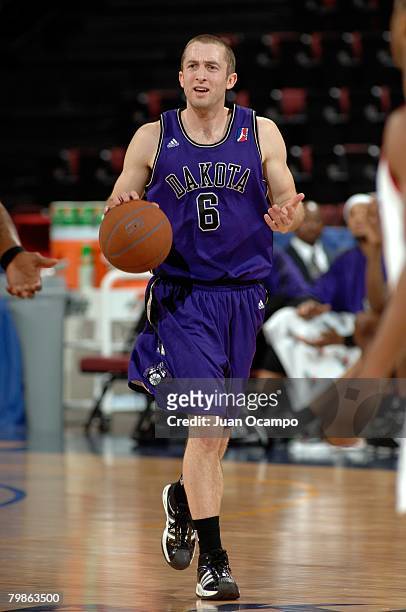 Blake Ahearn of the Dakota Wizards brings the ball upcourt during the game against the Bakersfield Jam on February 2, 2008 at Rabobank Arena in...