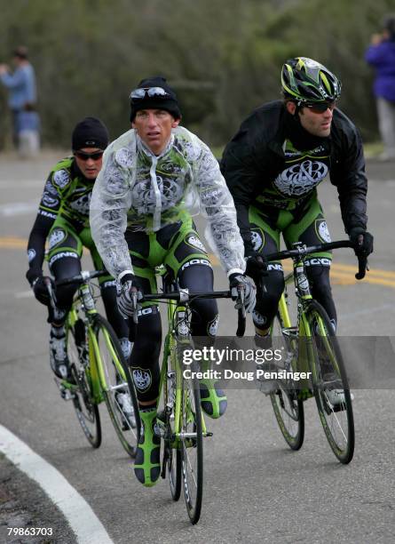 Tyler Hamilton of the USA, Oscar Sevilla of Spain and Santiago Botero of Columbia of the Rock Racing Team train on the course before the Sierra Road,...