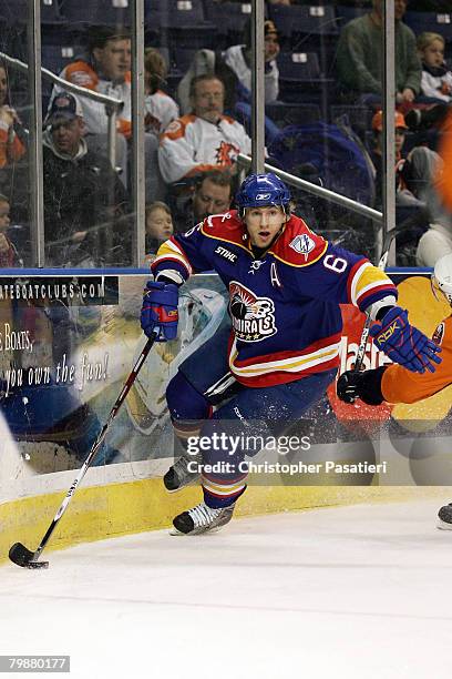 Karl Stewart of the Norfolk Admirals controls the puck during the first period against the Bridgeport Sound Tigers on February 20, 2008 at the Arena...