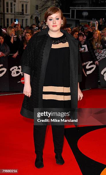 Adele arrives at the 2008 Brit Awards at Earls Court on February 20, 2008 in London, England.