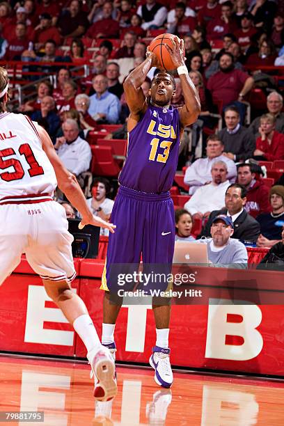 Terry Martin of the LSU Tigers shoots a jump shot against the Arkansas Razorbacks at Bud Walton Arena on February 20, 2008 in Fayetteville, Arkansas....
