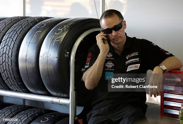 Greg Murphy of Tasman Motorsport makes a call in the pit garage ahead of the Clipsal 500, round one of the V8 Supercar Championship Series, at the...