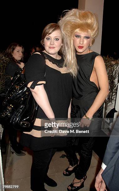 Adele and Jodie Harsh attend the Universal Brit Awards Party following the Brit Awards 2008, at the Hempel Hotel on February 20, 2008 in London,...