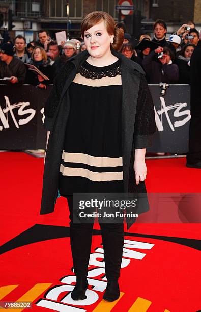 Adele arrives at the The Brit Awards 2008 at Earls Court on February 20, 2008 in London, England.
