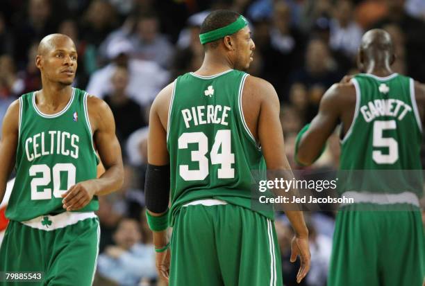 Kevin Garnett, Paul Pierce and Ray Allen of the Boston Celtics look on against the Golden State Warriors during an NBA game on February 20, 2008 at...