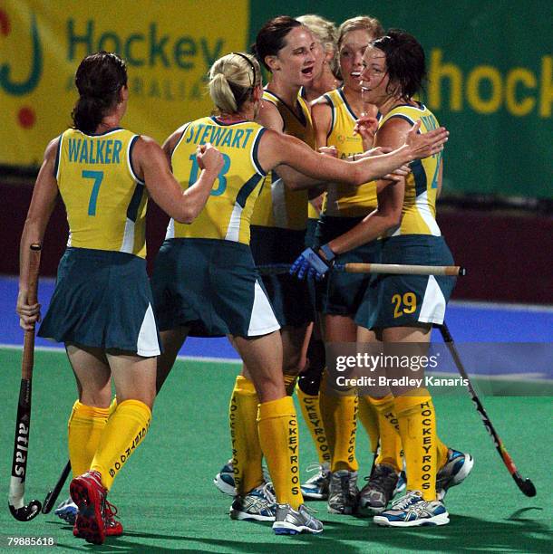 Teneal Attard of the Hokeyroos celebrates with team mates after scoring a goal during the Third Test match between the Australian Hockeyroos and...