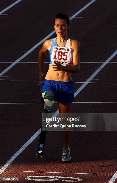 Kelly Cartwright of Australia runs in the women's 100m Ambulant final during the Melbourne Athletics Grand Prix IAAF World Athletics Tour meeting at...