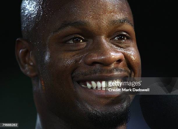 Asafa Powell of Jamaica is interviewed after winning the Mens 100 Metres A race during the Melbourne Athletics Grand Prix IAAF World Athletics Tour...